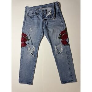 Levis 501T Womens Jeans Blue W25 L26 Floral Embroidered Regular Fit Straight Leg